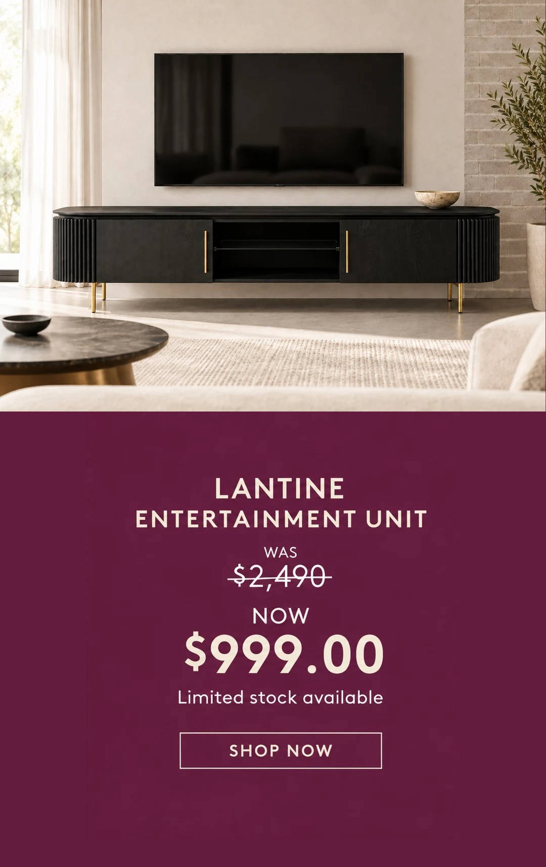 Lantine Entertainment Unit — was $2,490, now $999. Limited stock available.