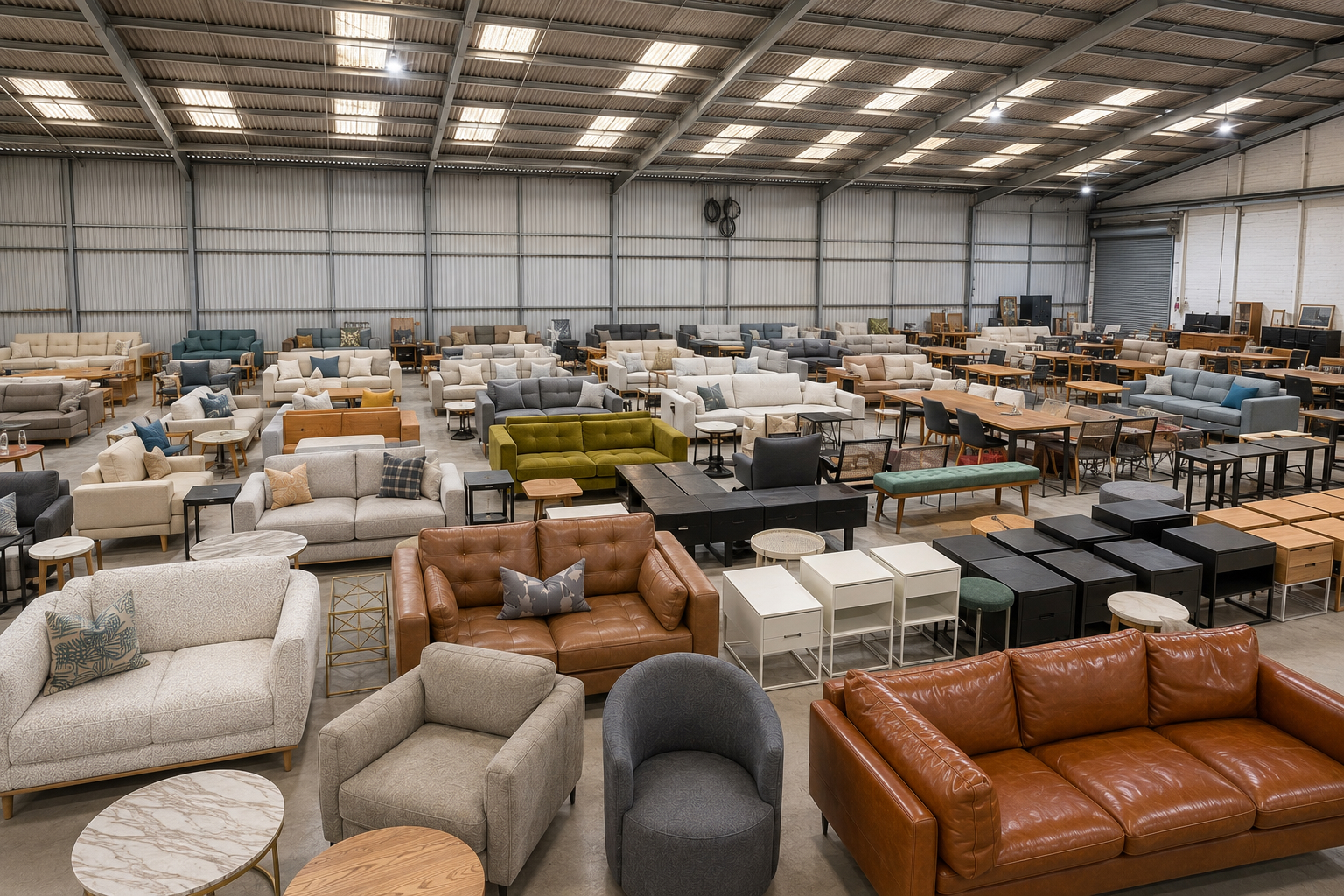 Sofas and lounges lined up on the Catalano Alphington outlet warehouse floor