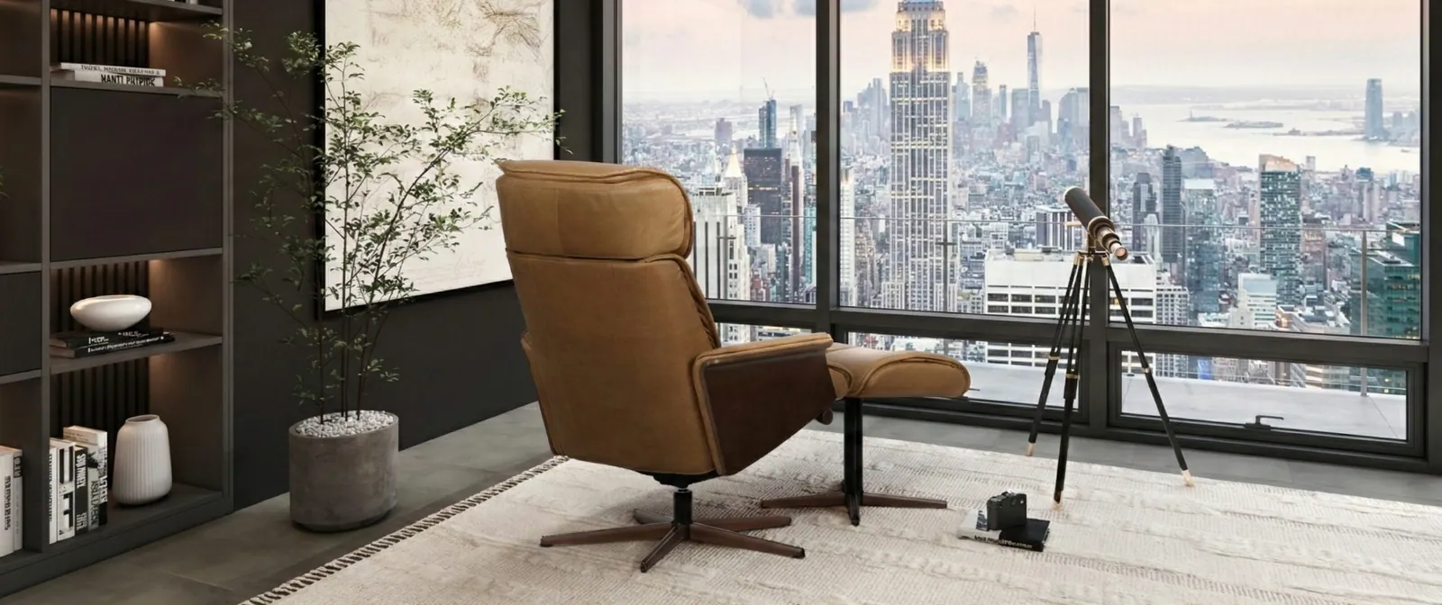H2 Seating Monaco leather recliner with city skyline view