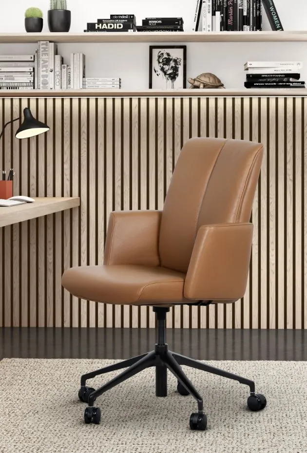 H2 Seating tan leather office chair in a modern home study